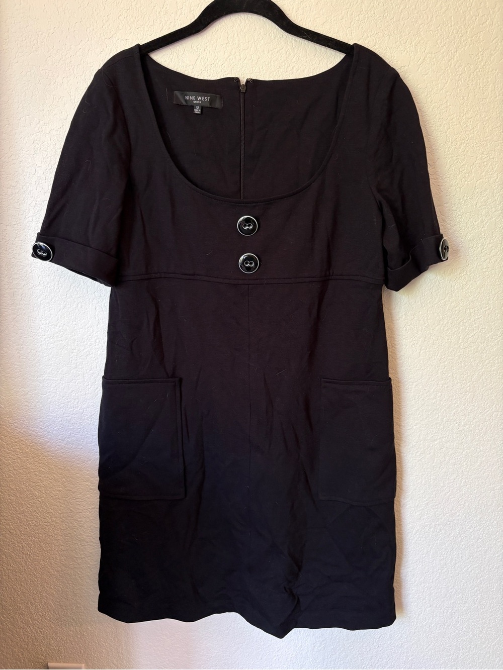 Nine West Black Short Sleeve Scoop Neck Dress with Button Accents